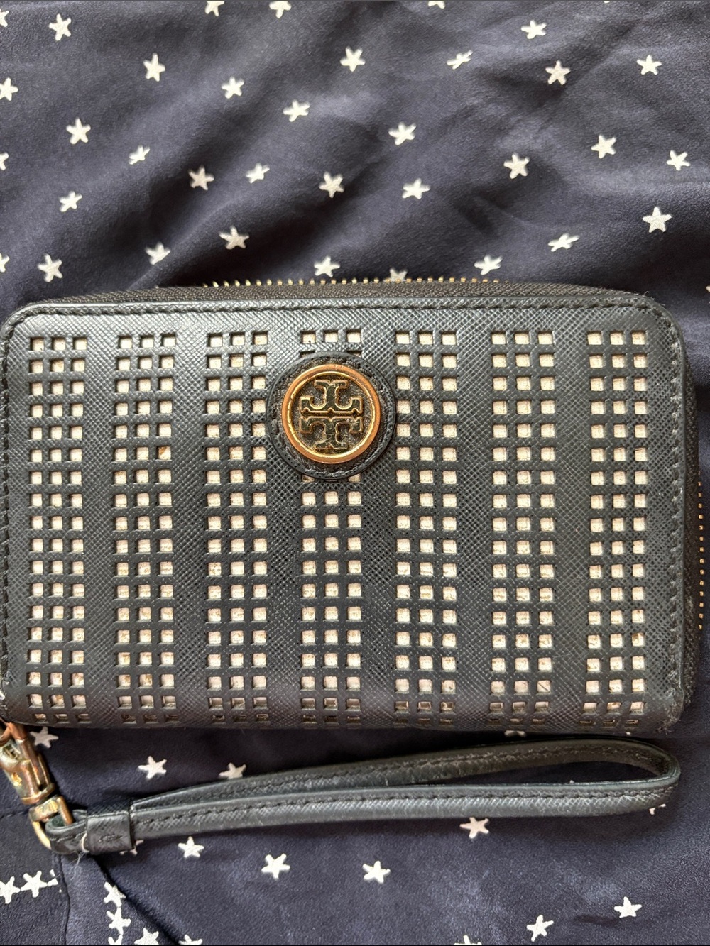 Tory Burch Black Wristlet with Gold Logo and Perforated Pattern